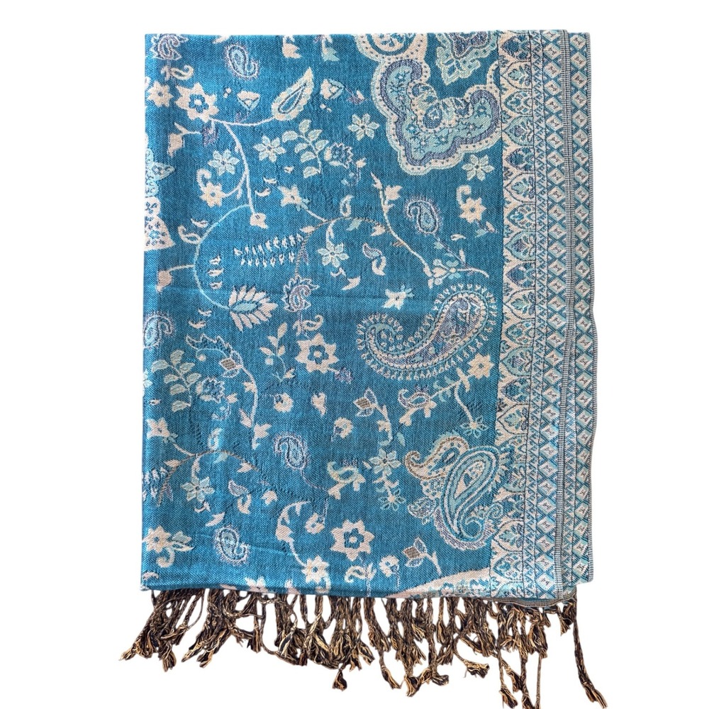 Paisley Scarf Women OS Teal Blue Boho Fringe Pashmina Wrap NWOT